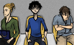 cartoon drawing three strangers people waiting